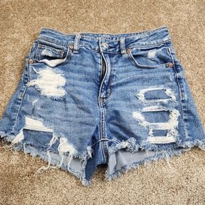 American Eagle Mom Shorts Womens 4 Blue Med Wash Distressed Frayed Denim Stretch